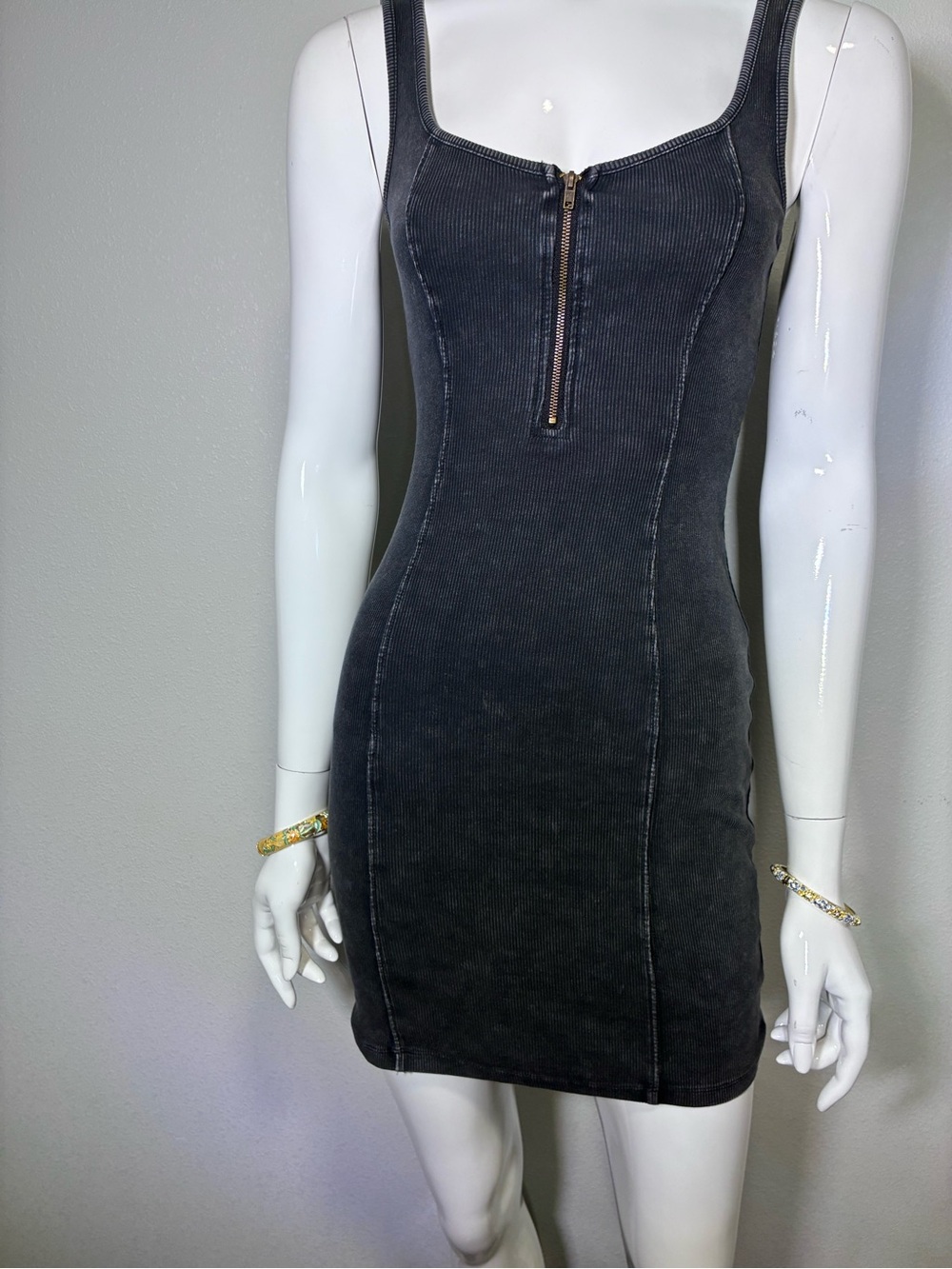 Scoop Neck Black Zip-Front Mini Bodycon Dress